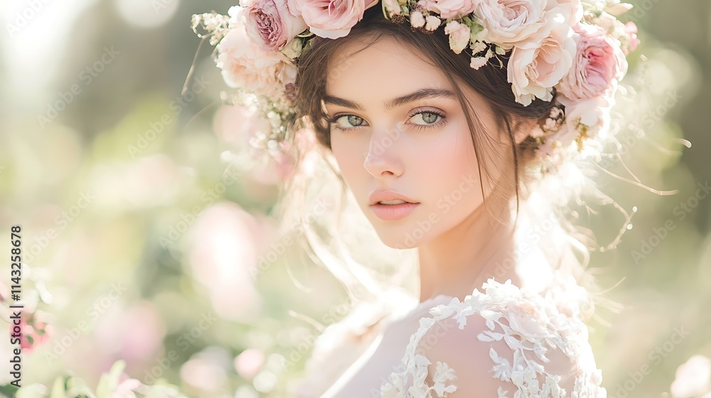 Naklejka premium Elegant Bride in Wedding Gown Captured with Romantic and Timeless Style