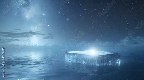 A crystal-clear podium floating on a tranquil sea under a starry sky.