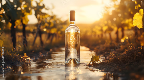 A crystal-clear wine bottle placed in a serene vineyard setting during golden hour.