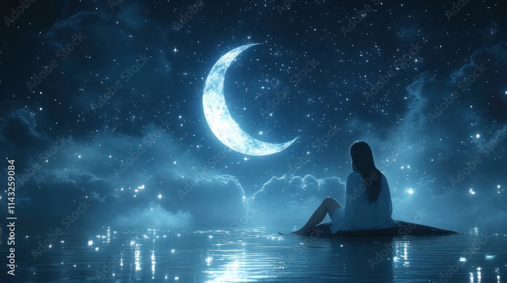 A serene figure gazes at a luminous crescent moon above a tranquil water surface. A serene figure gazes at a luminous crescent moon above a tranquil water surface.