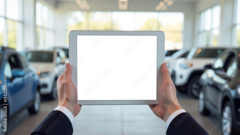 man's hands hold a tablet with a white screen on the background of a car showroom with large windows. Layout with place for text, for advertising. new cars are blurred in the background man's hands hold a tablet with a white screen on the background of a car showroom with large windows. Layout with place for text, for advertising. new cars are blurred in the background