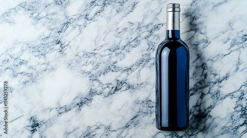 A dark blue wine bottle with a silver foil label on a smooth marble surface.