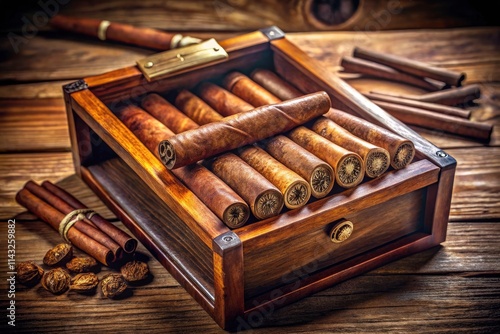 Premium tobacco, aged leaves create a rich smoking experience in a vintage humidor.