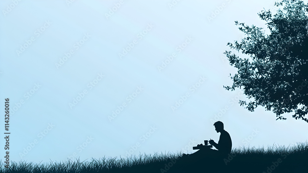 A silhouette of a person enjoying a picnic, surrounded by nature, symbolizing leisure and outdoor fun. Picnic in nature design. A silhouette of a person enjoying a picnic, surrounded by nature, symbolizing leisure and outdoor fun. Picnic in nature design.