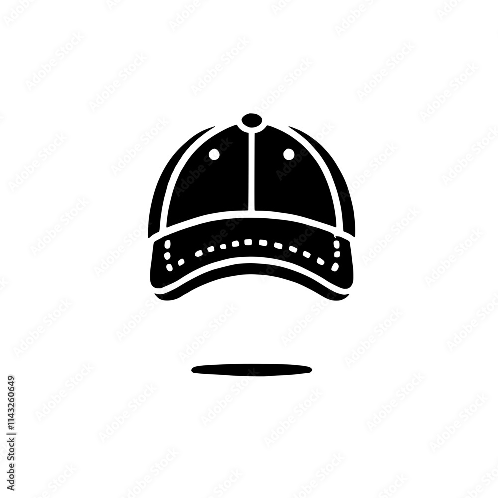Fototapeta premium Baseball Cap Icon: Minimalist black and white vector illustration of a classic baseball cap, perfect for apparel designs, branding, and website elements. It's a simple yet stylish symbol of sports.