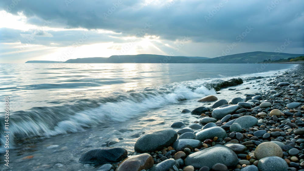 Obraz premium seascape and water and tide concept as Gentle tide moving over pebbles on the shore symbolizing the flow of time; ample copy space for text placement. in Photo Stock Concept and empty space on the 