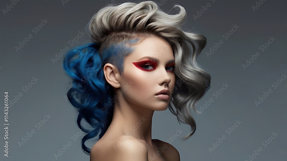 Stunning Model with Asymmetrical Blue and Gray Hair, Red Eye Makeup, and Bold Hairstyle Stunning Model with Asymmetrical Blue and Gray Hair, Red Eye Makeup, and Bold Hairstyle