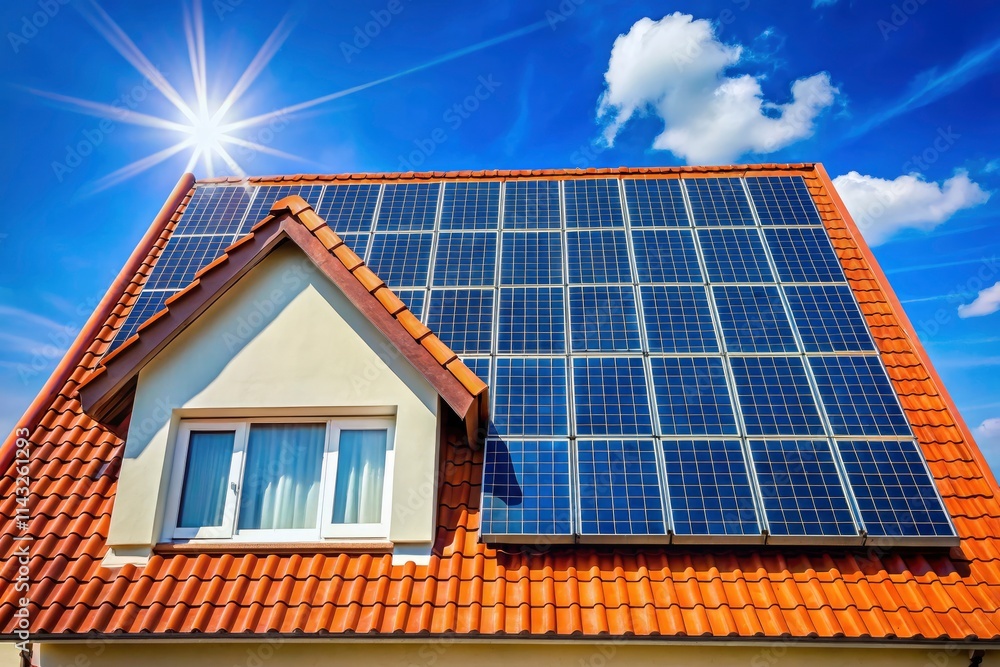 Fototapeta premium Sustainable energy, minimalist design: solar panels seamlessly integrate with your roof.