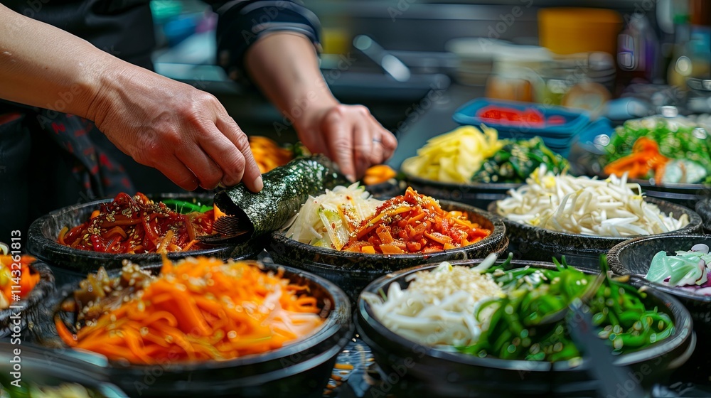 A chef prepares vibrant Korean bibimbap bowls with various colorful ingredients. A chef prepares vibrant Korean bibimbap bowls with various colorful ingredients.