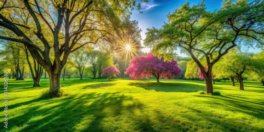 Fototapeta premium Wide-format image: lush summer lawn captures idyllic countryside tranquility.