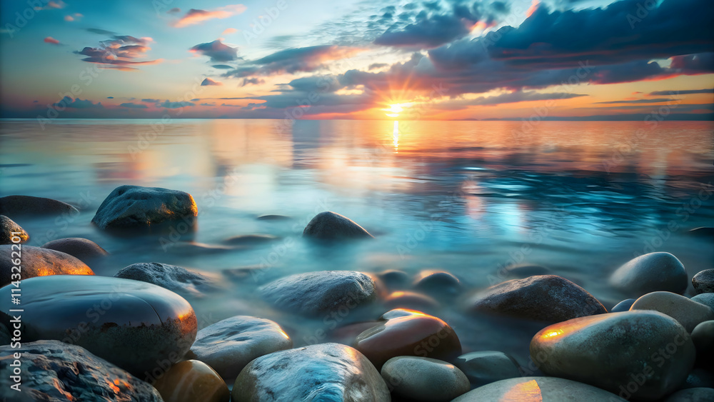 Obraz premium Tranquil Seascape Rocks Calm Sea Pastel Sunset Sky Peace Reflection Ample Text Space Left