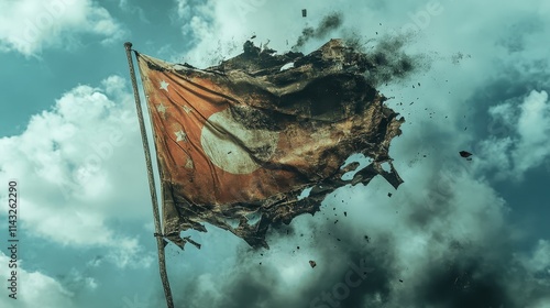 A weathered and torn flag dramatically disintegrates into fragments, set against a moody, cloudy sky, evoking themes of decay and resilience. AI generated. photo