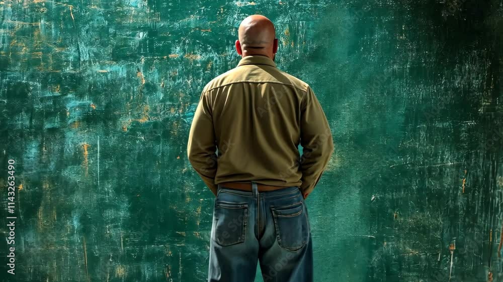 Standing man gazes at textured green wall in contemplative moment during bright daylight Standing man gazes at textured green wall in contemplative moment during bright daylight