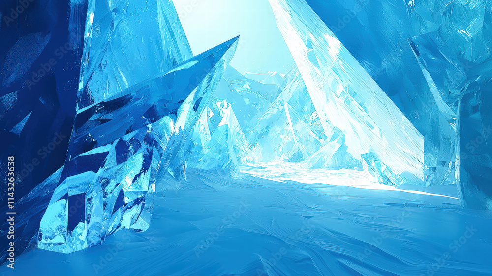Obraz premium A glowing ice cave interior featuring stunning crystalline blue walls, with natural light filtering through, creating a magical and cold atmosphere.