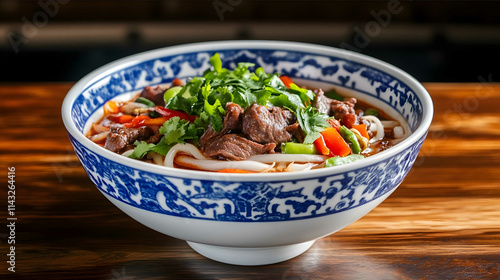 A bowl of beef noodles placed on the table with colorful vegetables and meat in it is very delicious The bowl has blue patterns and white edges which look like an i photo