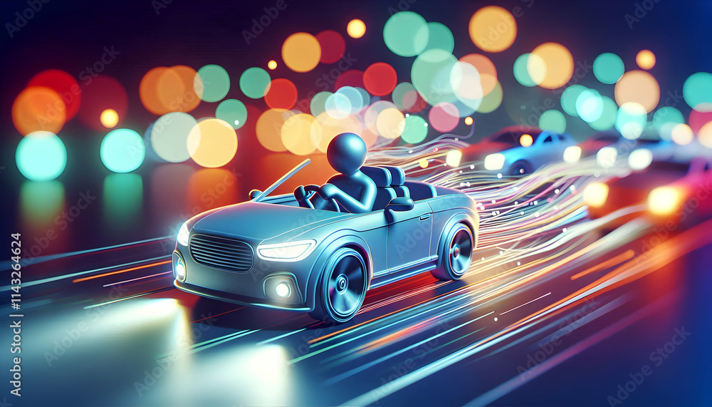 Naklejka premium 3D Abstract Driver in Car with Motion Blur and Bokeh Lights - Urban Night Speed Concept