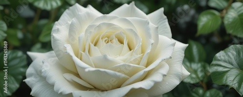 Close-up shot of a pristine white rose against a sea of green leaves, natural feel, gentle breeze photo