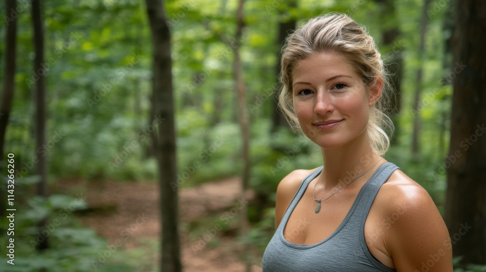 Young woman with a natural smile enjoying the tranquility of a lush green forest setting, embodying serenity and beauty in nature. Young woman with a natural smile enjoying the tranquility of a lush green forest setting, embodying serenity and beauty in nature.