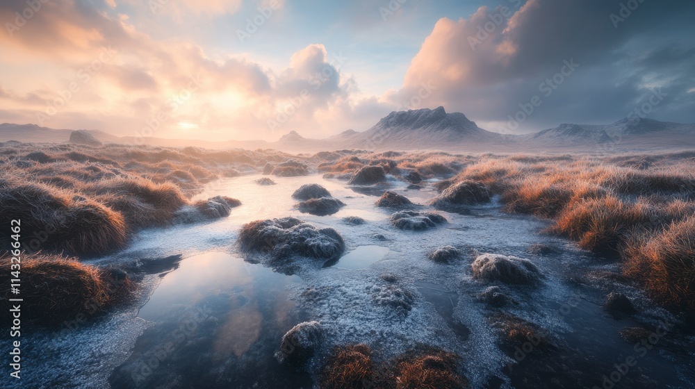Fototapeta premium A serene landscape at dawn featuring frosted grasslands, icy patches, and soft sunlight breaking through clouds