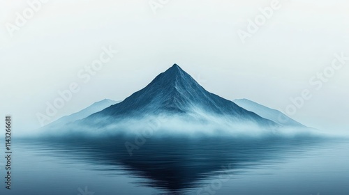 Misty mountain peak reflecting in calm water. photo