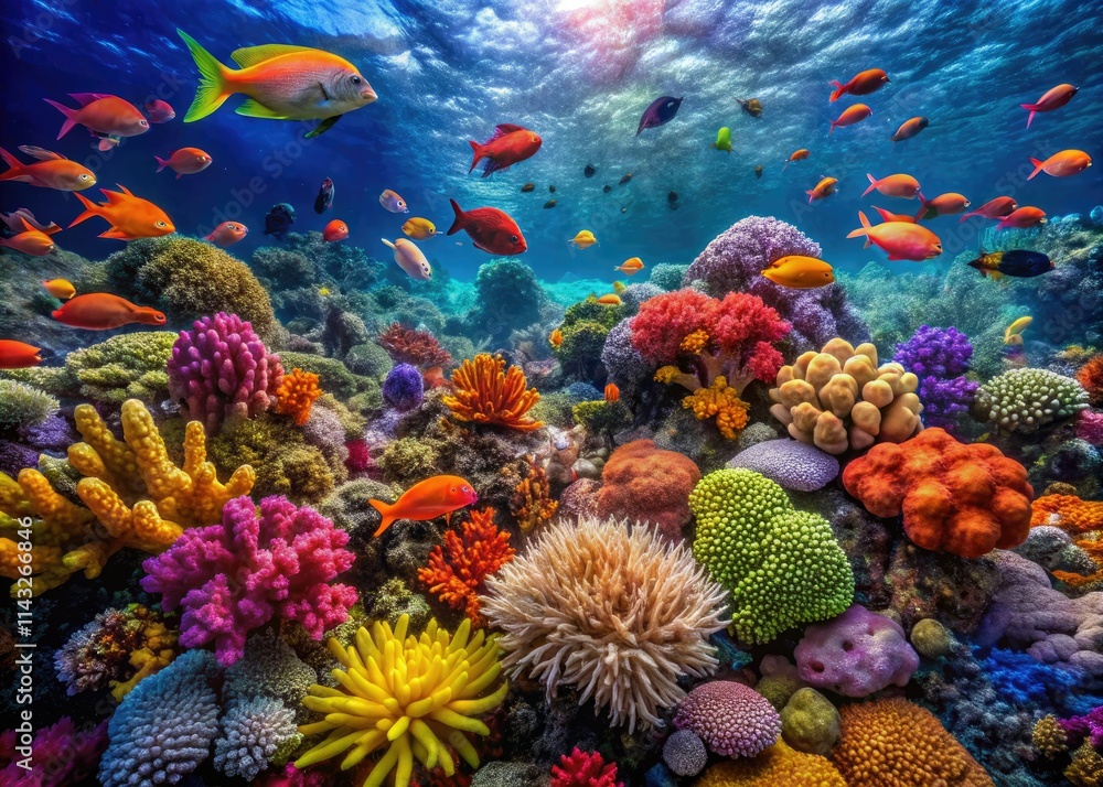 Naklejka premium Thriving coral reef ecosystem from above showcases vibrant marine life and stunning ocean biodiversity.