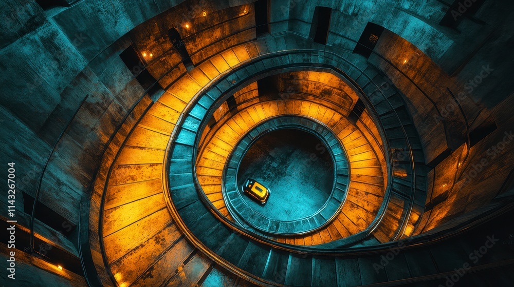 A striking aerial view of a spiral staircase illuminated by warm orange lights, featuring a solitary yellow car at the center A striking aerial view of a spiral staircase illuminated by warm orange lights, featuring a solitary yellow car at the center