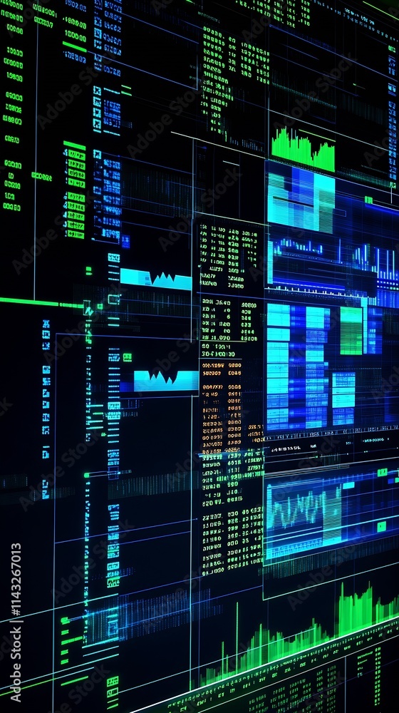 Obraz premium Abstract Data Visualization on Digital Screen with Modern Graphs and Charts for Analytics : Generative AI