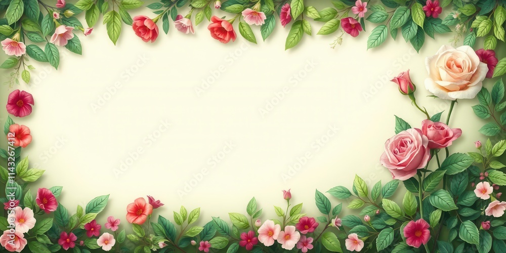 Rose flower with leaves creating a beautiful frame for a border, perfect for romantic or nature-themed designs, beauty, foliage, romantic Rose flower with leaves creating a beautiful frame for a border, perfect for romantic or nature-themed designs, beauty, foliage, romantic