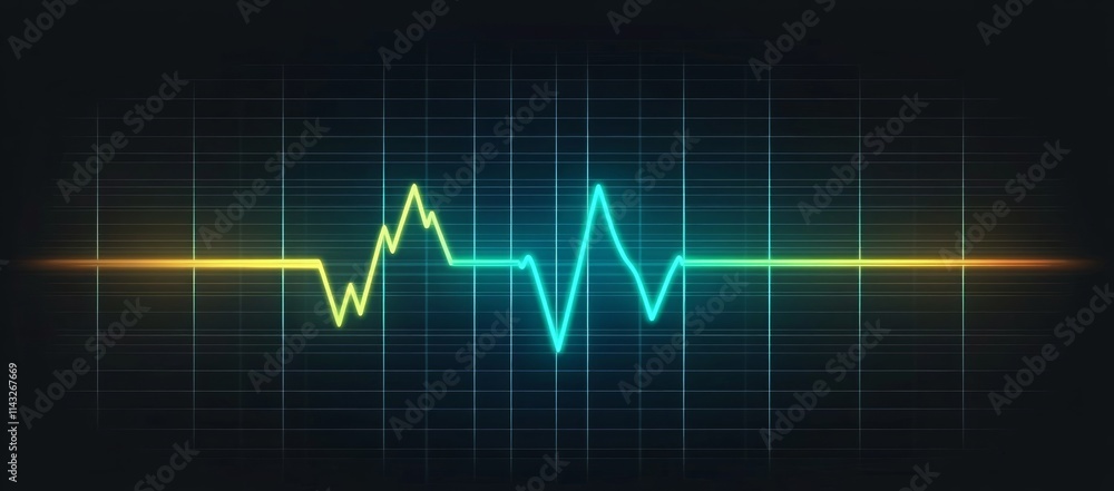 Abstract glowing teal and yellow heartbeat wave on grid. Abstract glowing teal and yellow heartbeat wave on grid.