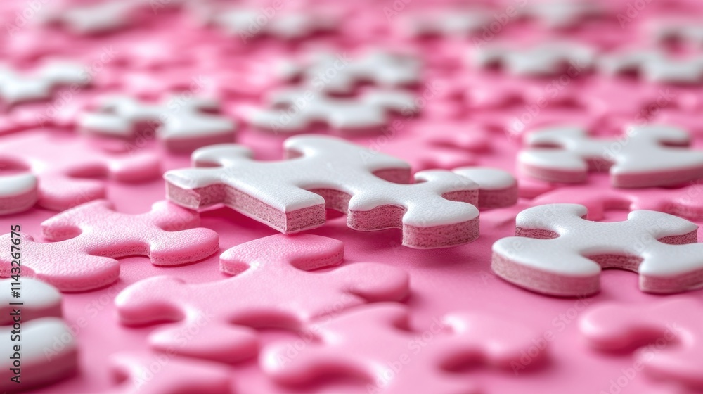 Close-up of a single white puzzle piece slightly above a pink puzzle background. Close-up of a single white puzzle piece slightly above a pink puzzle background.