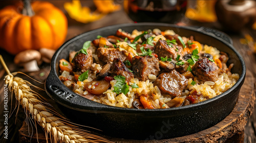 bistro casserole with mushrooms and red wine and beef and sausage and rice served in a beautiful wheat fild harvest festival