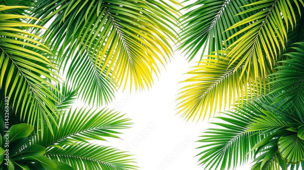 Tropical palm leaves with green and yellow hues against a white background, vibrant, summer, nature Tropical palm leaves with green and yellow hues against a white background, vibrant, summer, nature