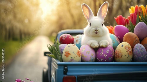 Adorable white rabbit sitting among colorful easter eggs and tulips in blue truck journeying on sunlit road to celebrate happy easter photo