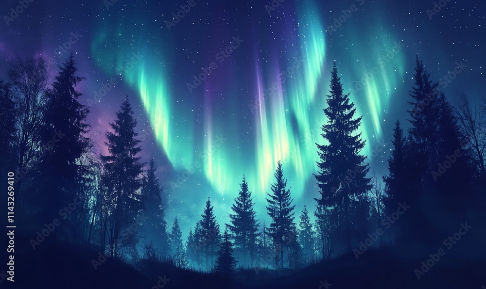 Naklejka premium Majestic aurora borealis illuminating a dark evergreen forest at night.