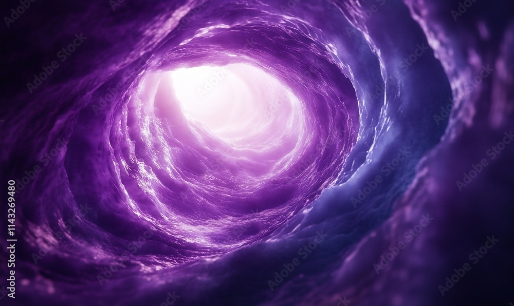 Obraz premium Light at the end of a swirling purple cloud tunnel.