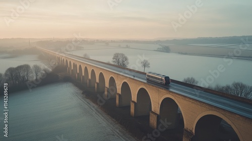 A train journeys across a majestic viaduct amidst a tranquil rural landscape at dawn, showcasing serene winter scenery and soft lighting. photo