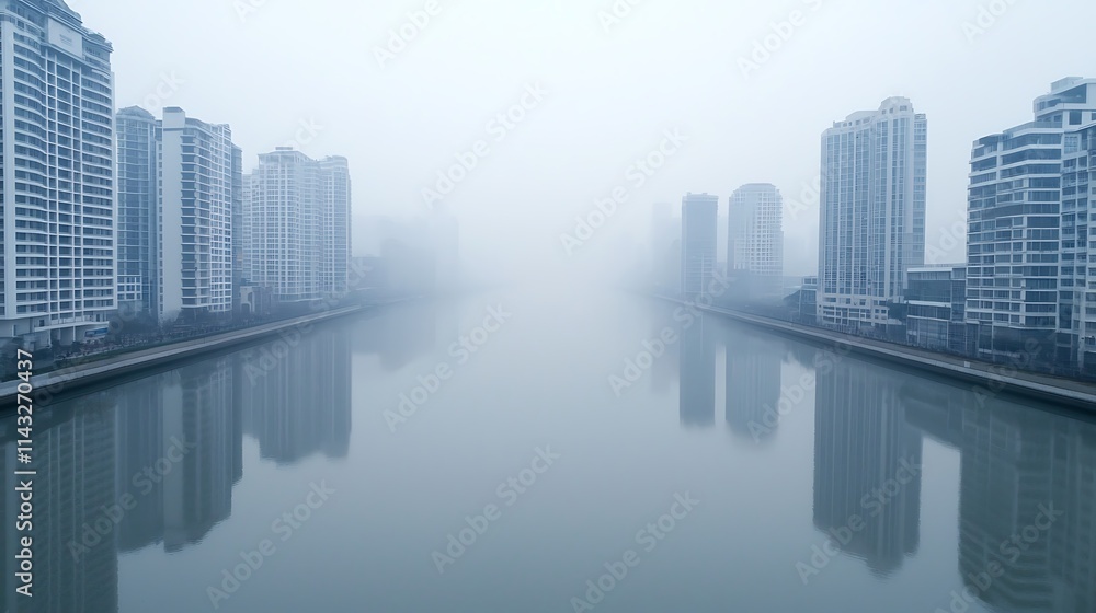 Obraz premium A serene, foggy riverscape featuring tall buildings on either side, creating a tranquil yet mysterious atmosphere.