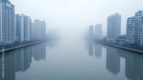 A serene, foggy riverscape featuring tall buildings on either side, creating a tranquil yet mysterious atmosphere.