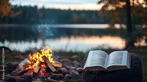 Cozy Evening by the Lake with Open Book and Campfire Reflecting Serenity : Generative AI photo