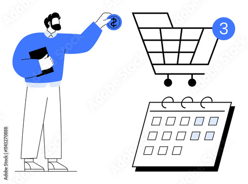 Man holding dollar coin and book, shopping cart with number three symbol, and calendar with marked dates. Ideal for financial planning, shopping trends, e-commerce analysis, budgeting, marketing