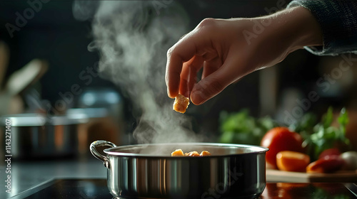 A sleek modern kitchen with clean lines and minimalist design featuring a hand holding a tiny minisized chicken cube delicately pinched between the fingers about to photo