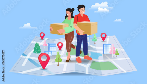 Delivery concept. Man Delivering Online with order from smart phone. Shopping on social networks through phone flat design style. Vector illustration.