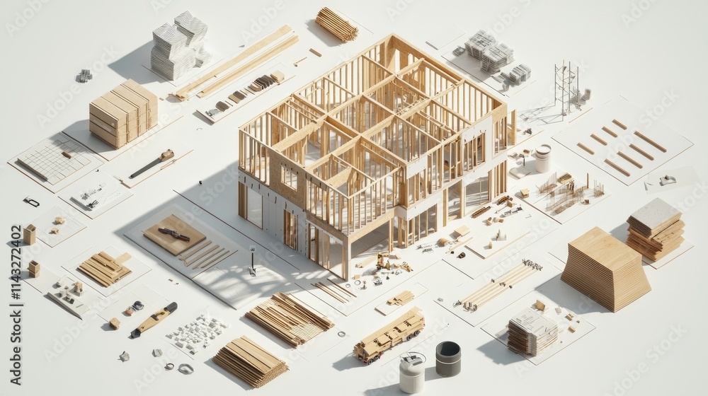 A 3D model of a partially constructed building with surrounding materials and tools. A 3D model of a partially constructed building with surrounding materials and tools.