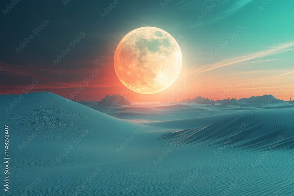 Ethereal Moonrise Over Serene Desert Landscape at Dusk Ethereal Moonrise Over Serene Desert Landscape at Dusk