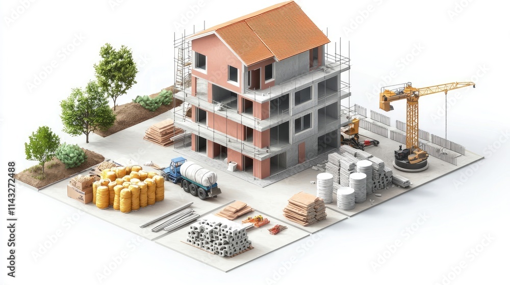 Construction site featuring a building under development, machinery, and materials. Construction site featuring a building under development, machinery, and materials.