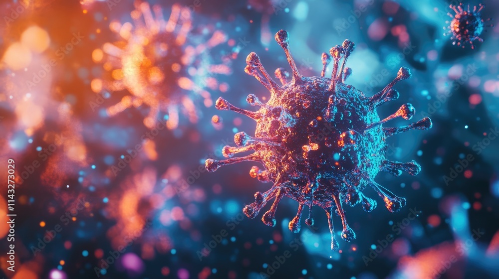 Microscopic view of a virus surrounded by luminous particles in a futuristic laboratory, viruses, biotechnology concept Microscopic view of a virus surrounded by luminous particles in a futuristic laboratory, viruses, biotechnology concept