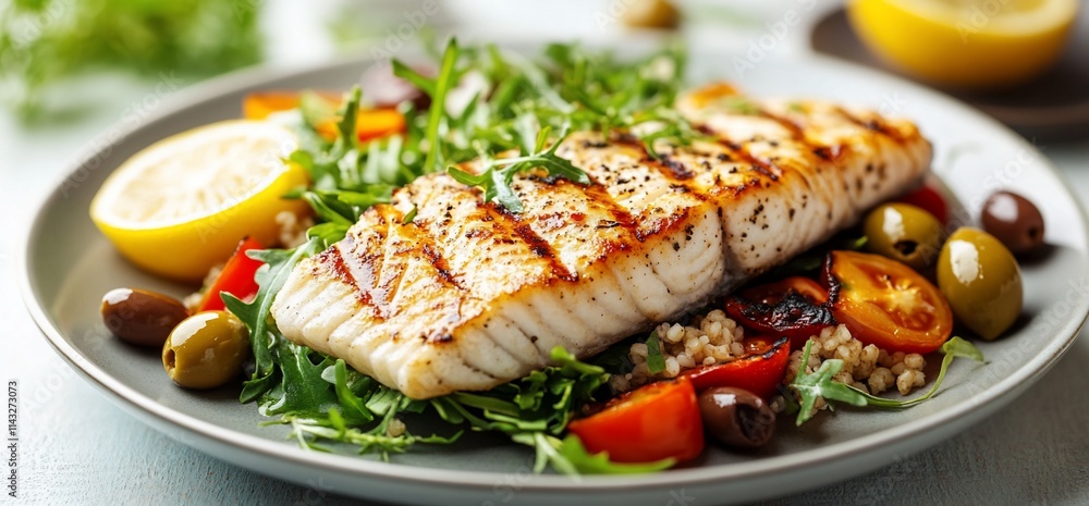 Grilled fish served on a bed of greens with vegetables and lemon. Grilled fish served on a bed of greens with vegetables and lemon.