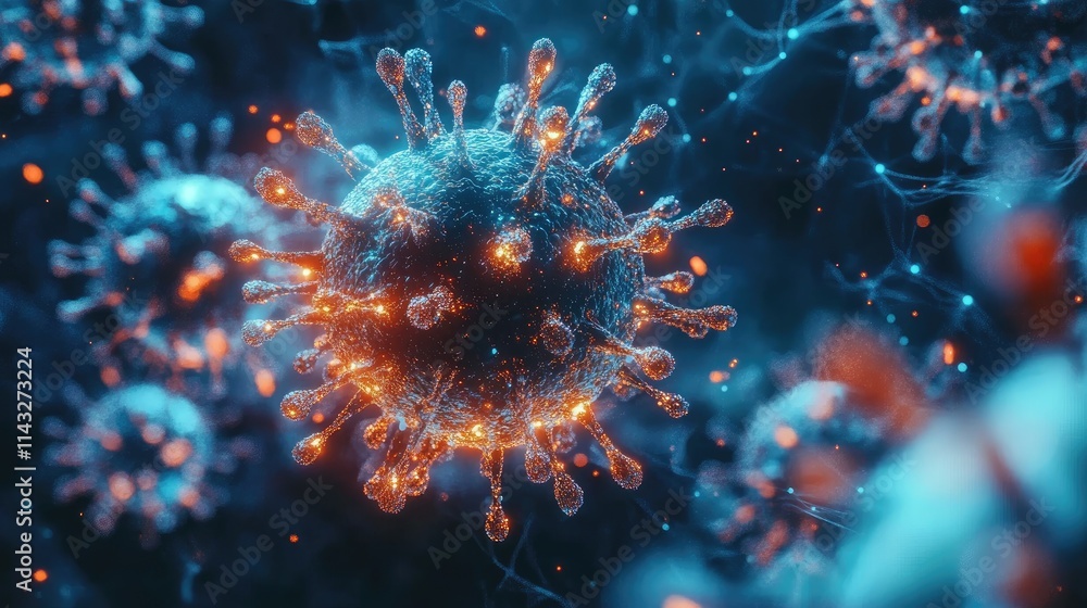 Microscopic view of a virus surrounded by luminous particles in a futuristic laboratory, viruses, biotechnology concept Microscopic view of a virus surrounded by luminous particles in a futuristic laboratory, viruses, biotechnology concept