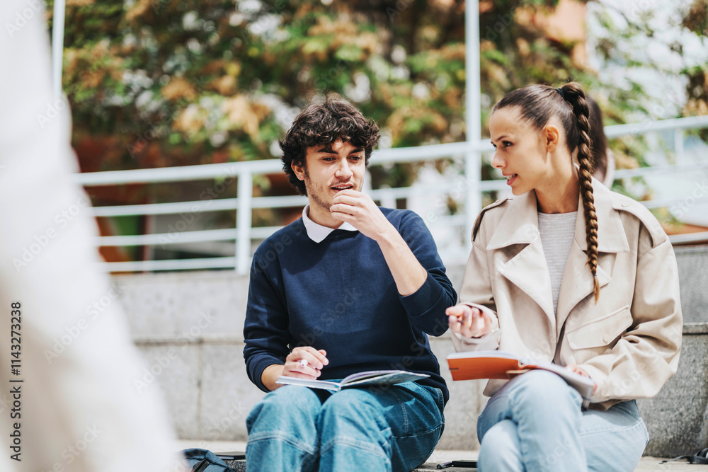 Fototapeta premium Two high school students engage in outdoor learning with the guidance of a professor, discussing tasks and solving problems together in a relaxed, academic environment.