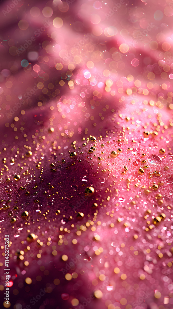Fototapeta premium Golden Droplets on Vibrant Pink Surface with Bokeh Effect